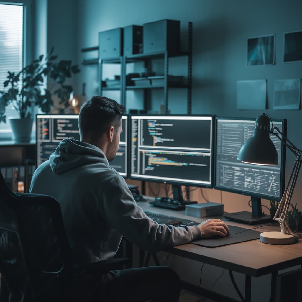 Security professional at multi-monitor workstation